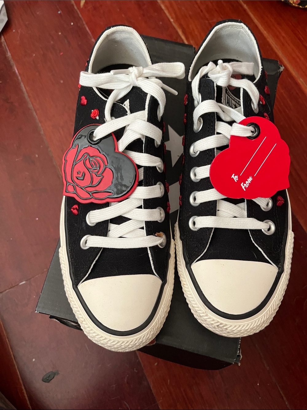 Converse womens Black Canvas Sneakers with Red Heart and Rose Accents